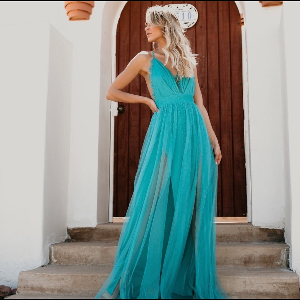 Vici Dolls Tulle and Lace Maxi Dress- Teal